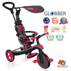 Globber 探索者4合1 三輪車轉平衡車 V3 紅色 10個月至5歲