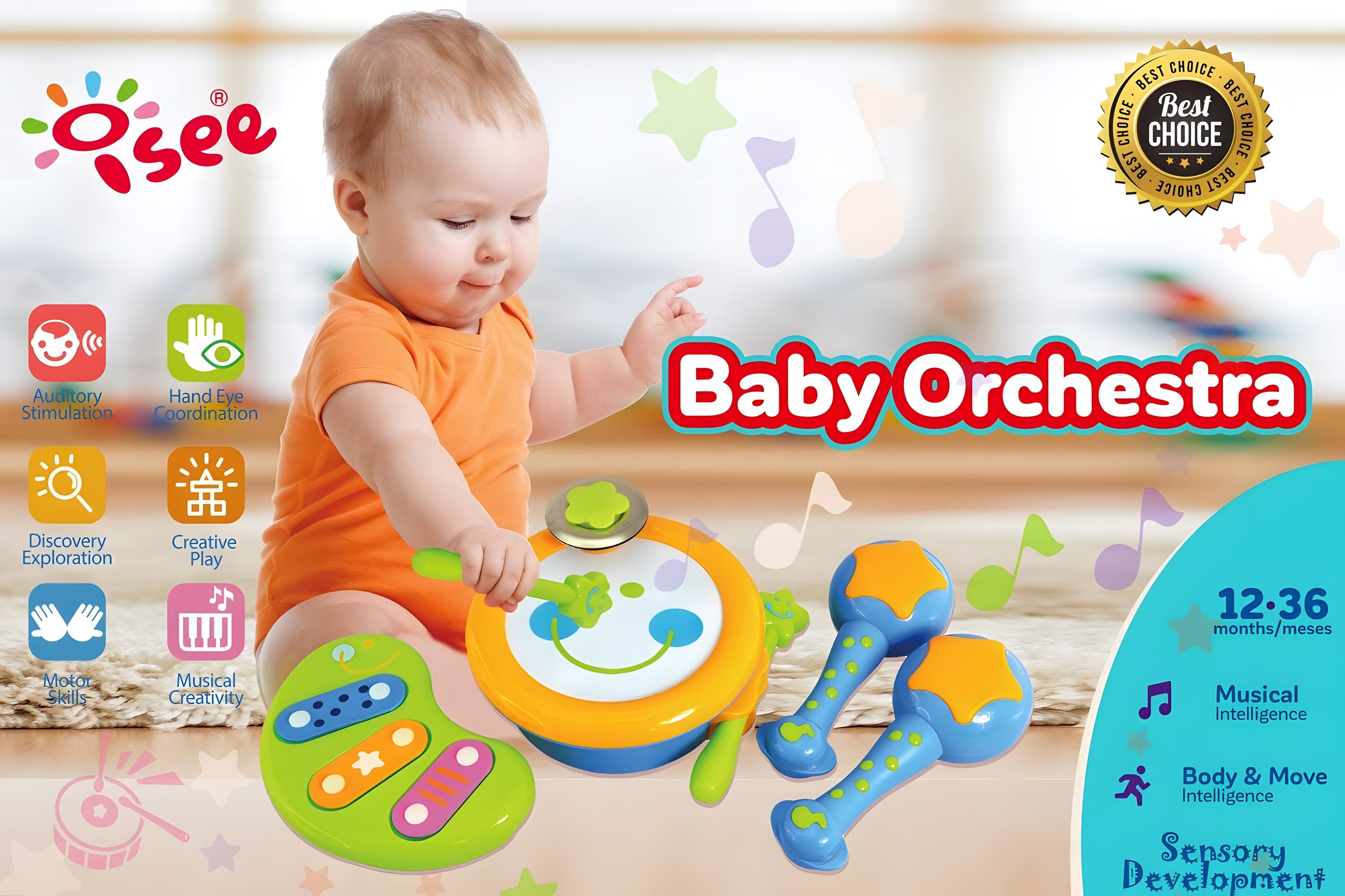 ISEE嬰兒玩具，幼兒學習音樂樂器，學齡前兒童音樂玩具，針對寶寶男孩女孩的兒童教育鼓和打擊樂器 12-36m