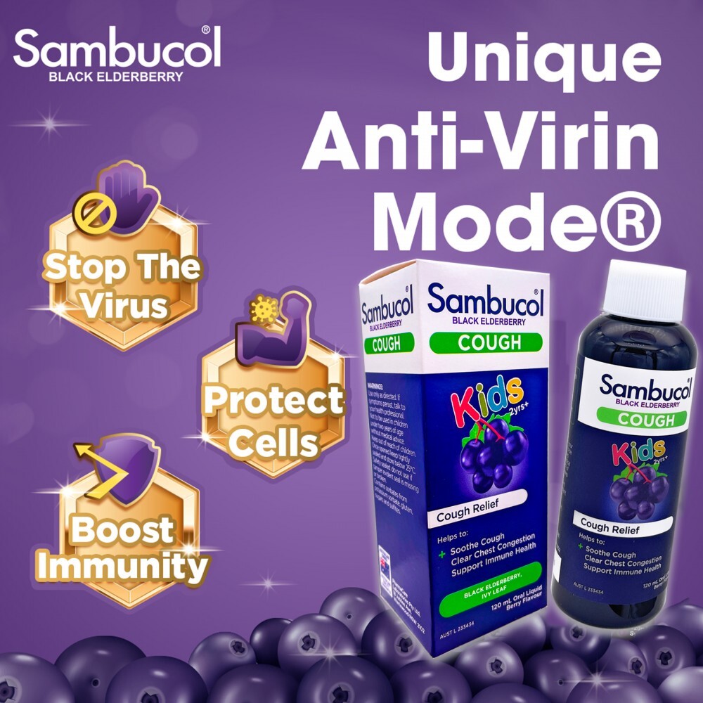 Sambucol Black Elderberry Kids Liquid Combines Cough Relief Ingredient Ivy Leaf 2y+ 120ml