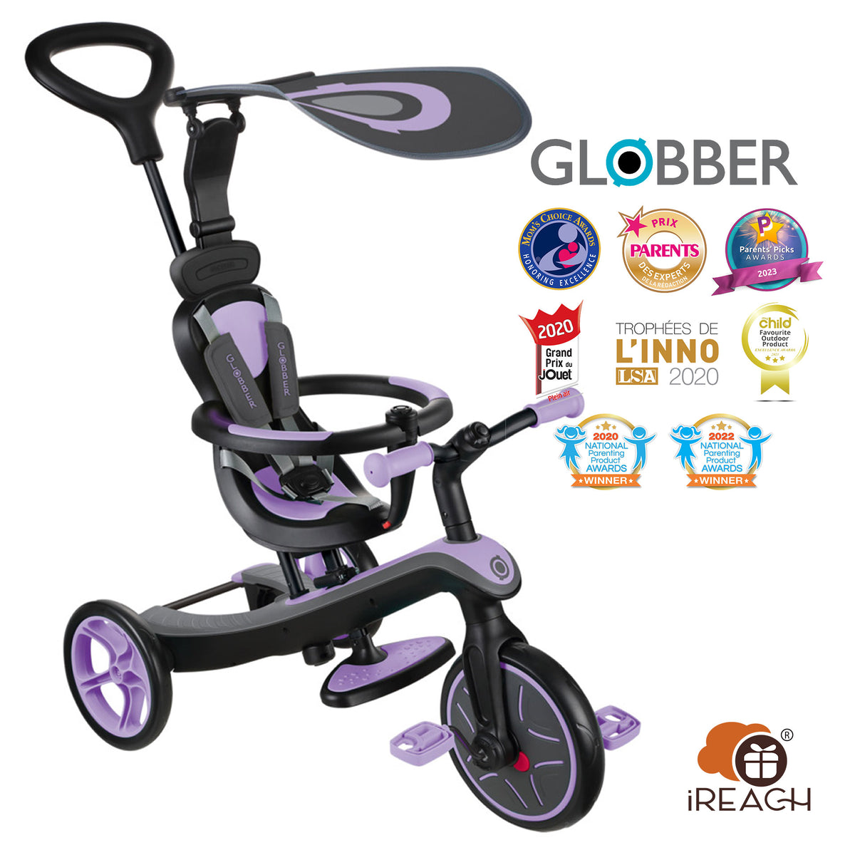 Globber 探索者4合1 三輪車轉平衡車 V3 紫色 10個月至5歲