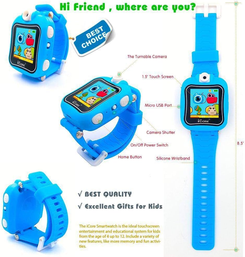 iCore兒童智能手錶自拍相機、電子遊戲、鬧鐘、計算器 適合4-12歲的生日和聖誕禮物（藍色）