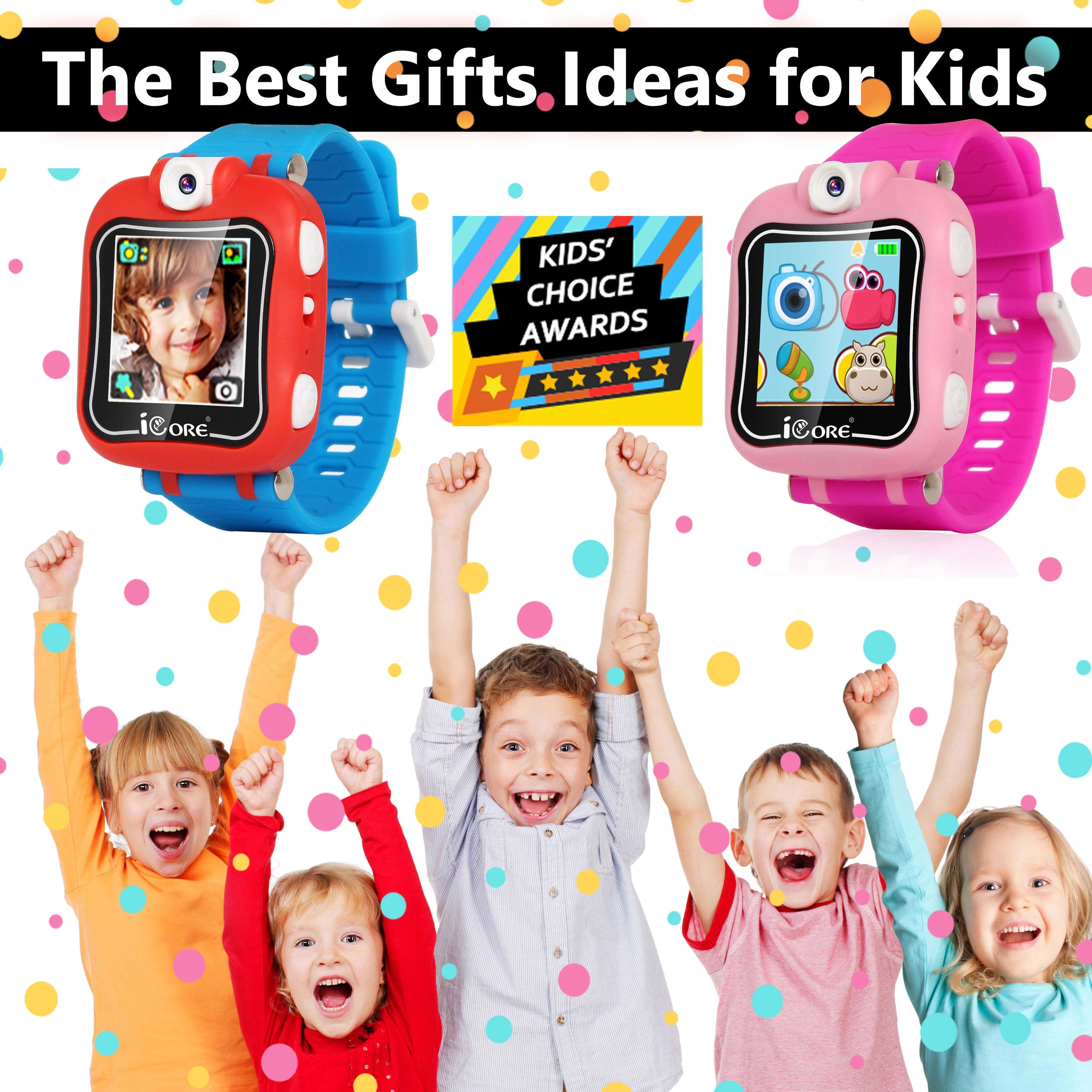 ICore兒童智能手錶自拍相機、電子遊戲、鬧鐘、計算器 適合4-12歲的生日和聖誕禮物（紅藍）